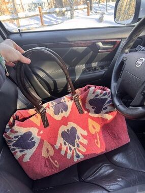 Red Floral Canvas Travel Tote with Brown Handles